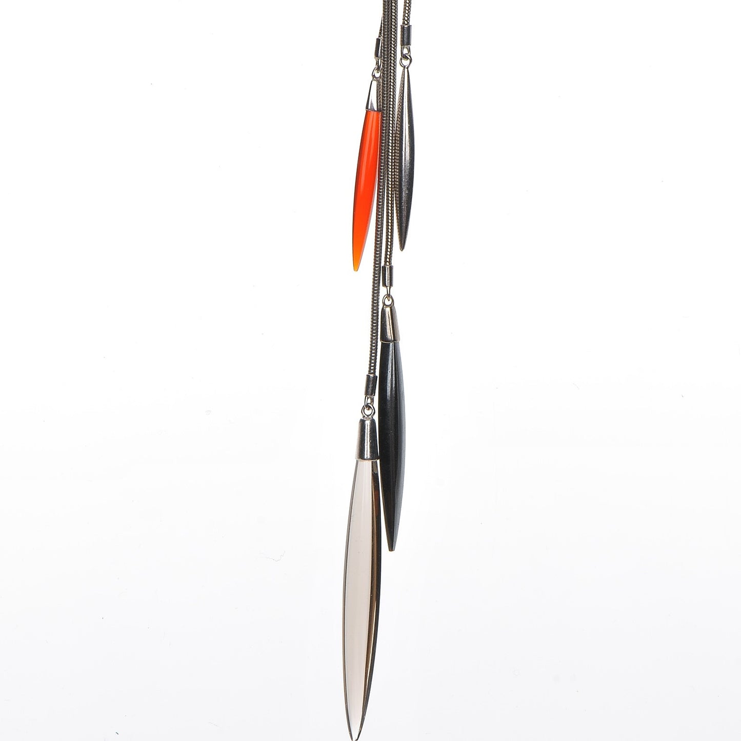 18k White Gold Hematite Carnelian Smoky Quartz Metal Feather Lariat Necklace