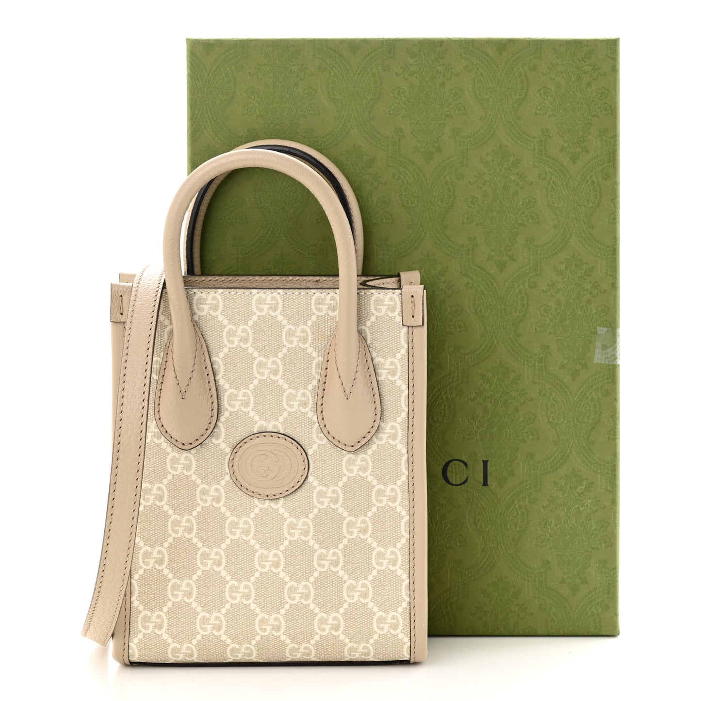 GG Supreme Monogram Textured Dollar Calfskin Mini Retro Interlocking G Tote Bag Beige Mystic White Oatmeal