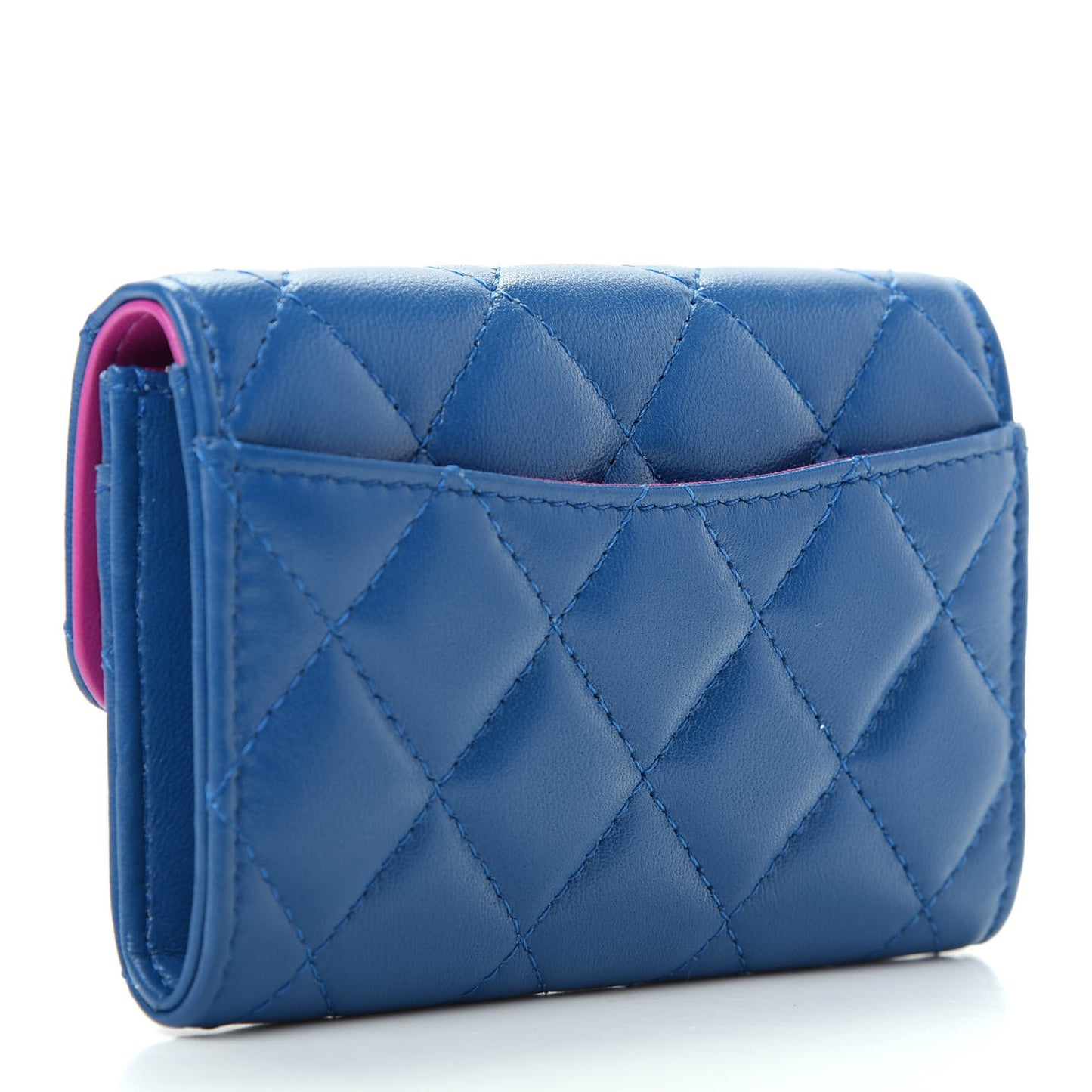 Lambskin Quilted Flap Card Holder Wallet Blue Pink