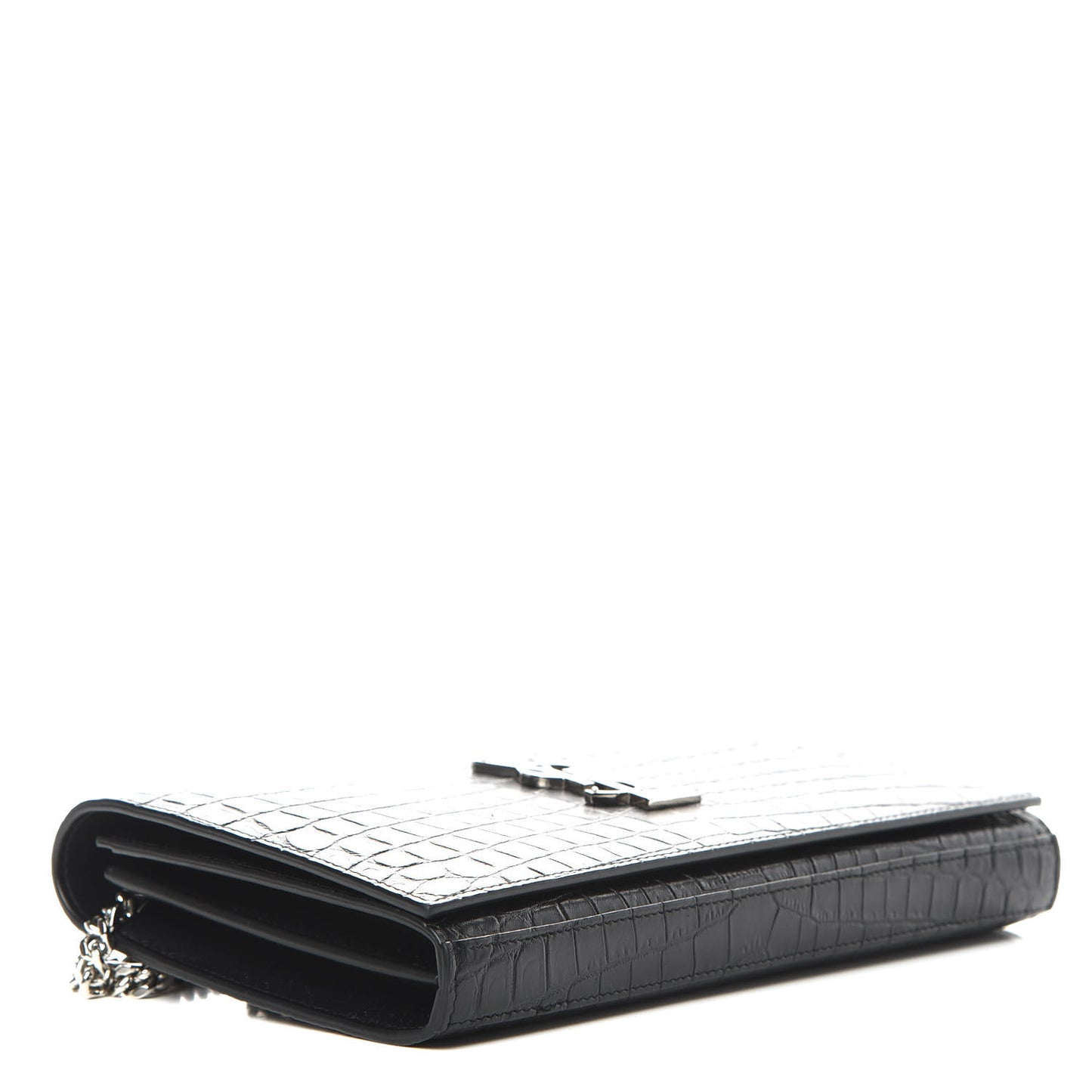 Calfskin Crocodile Embossed Monogram Chain Wallet Black