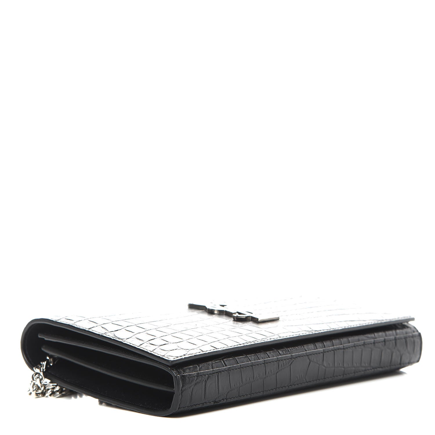 Saint Laurent Calfskin Crocodile Embossed Monogram Chain Wallet Black 4 of 13