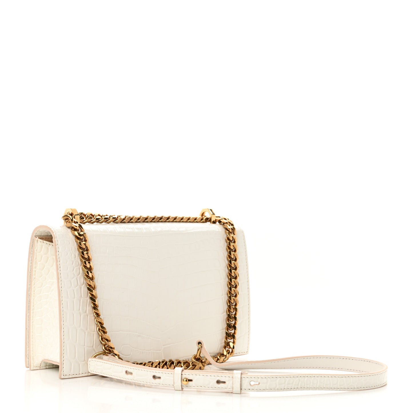 Shiny Calfskin Crocodile Embossed Knuckle Jeweled Crossbody White