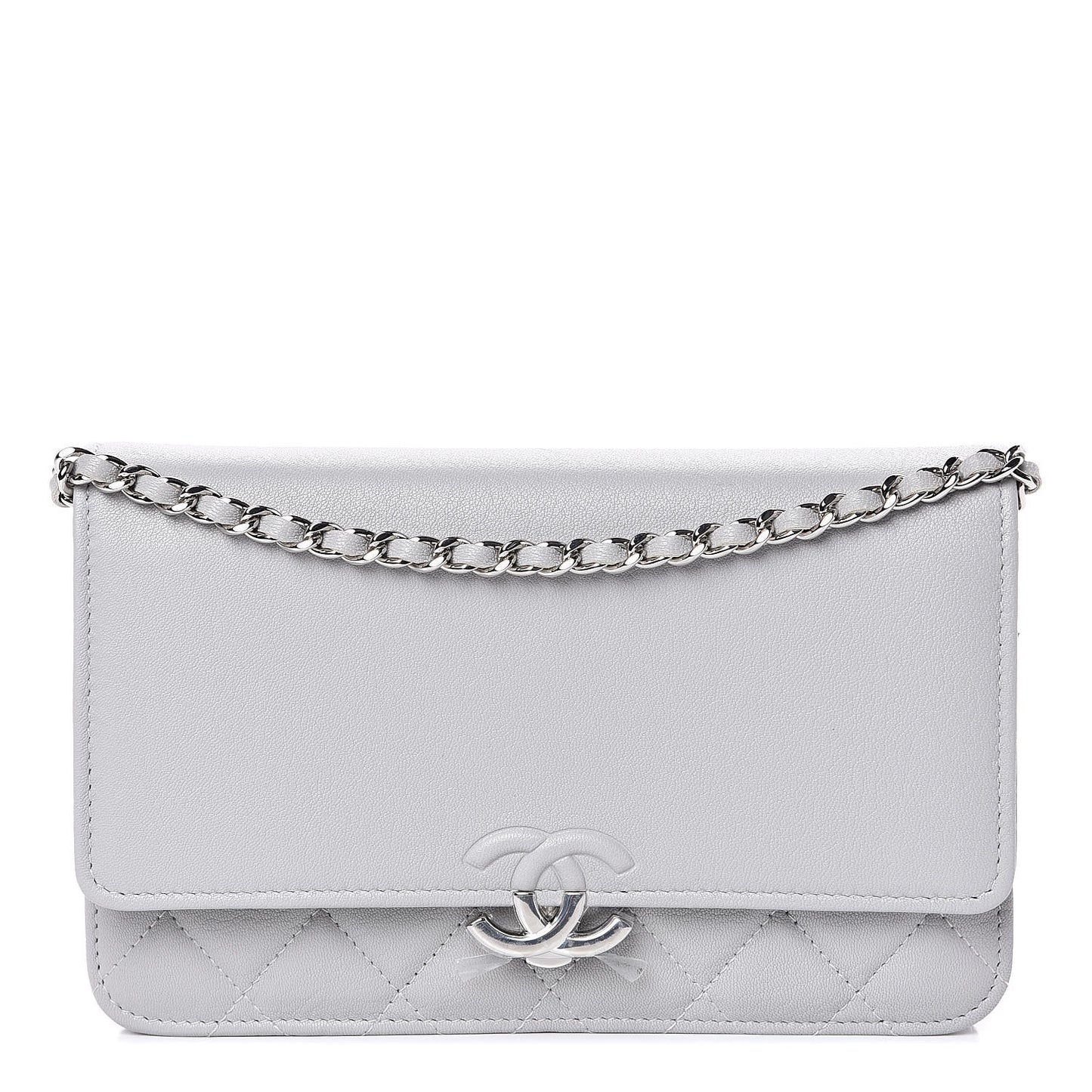 Grained Calfskin Quilted CC Box Wallet On Chain WOC Grey