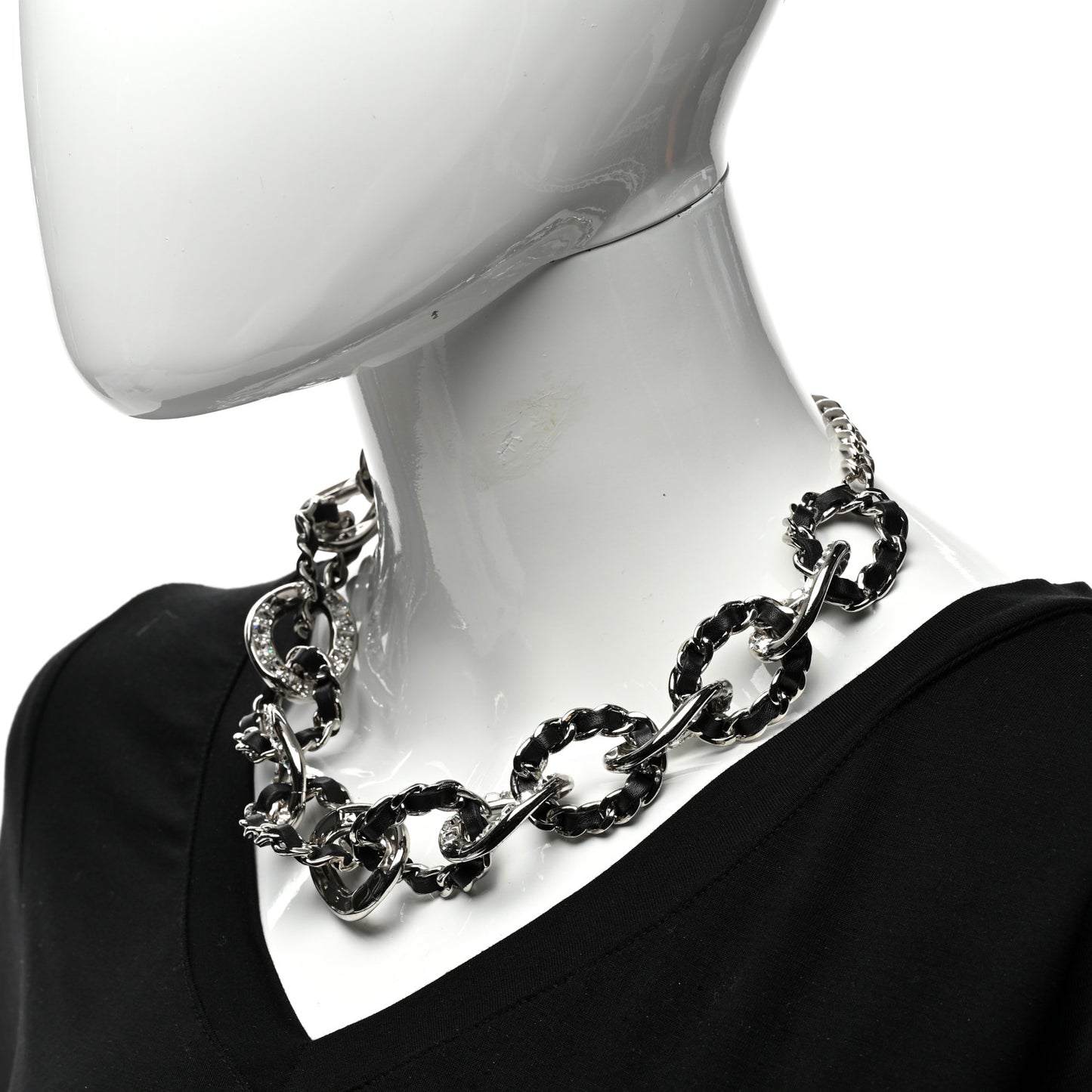 Lambskin Crystal Chain Link Choker Necklace Silver Black