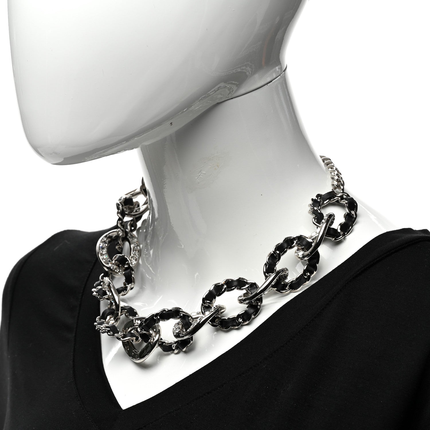 Chanel Lambskin Crystal Chain Link Choker Necklace Silver Black 2 of 5