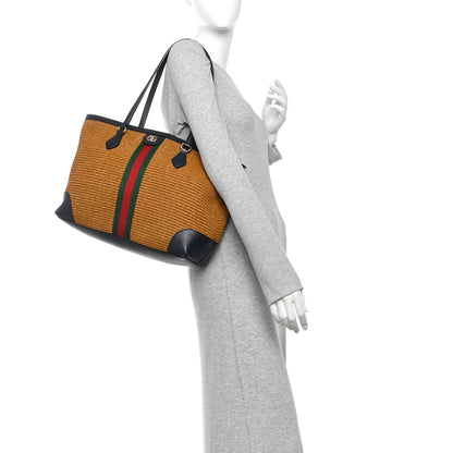 Gucci Straw Lux Calfskin Web Medium Ophidia Shopping Tote Dark Natural Blue 2 of 14