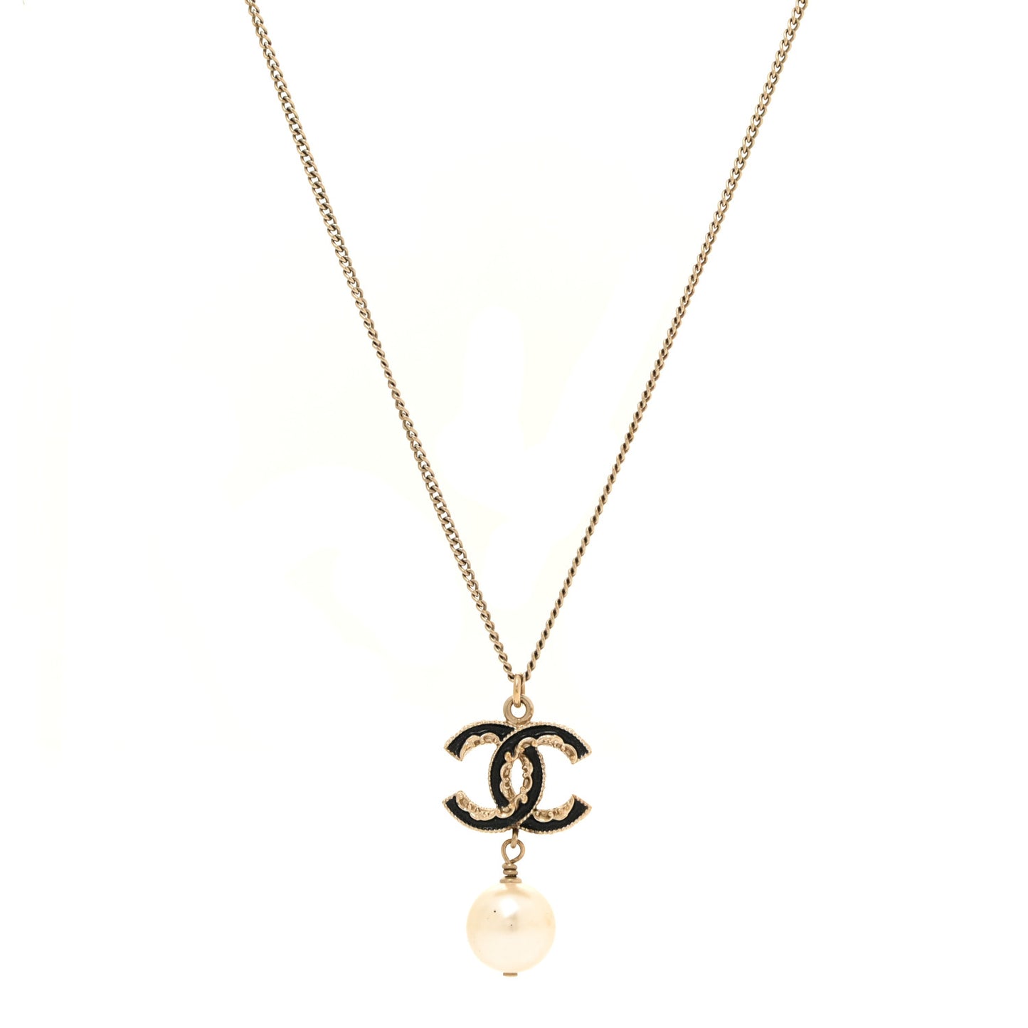 Enamel Pearl CC Baroque Drop Necklace Black Gold