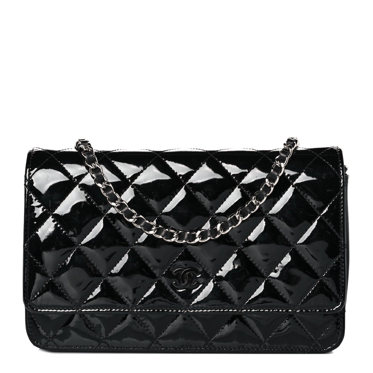Patent Quilted Wallet On Chain WOC Black