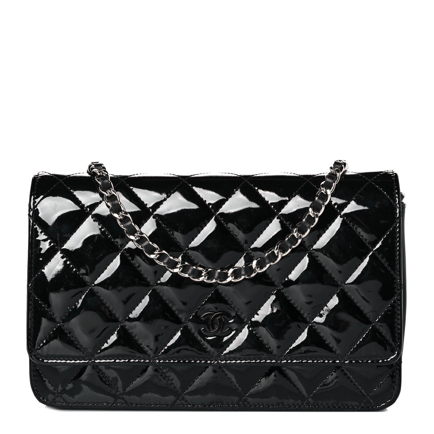 Chanel Patent Quilted Wallet On Chain WOC Black 1 of 9