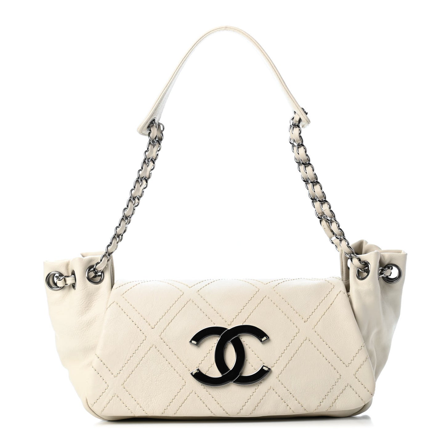 Calfskin Diamond Stitch Accordion Flap White