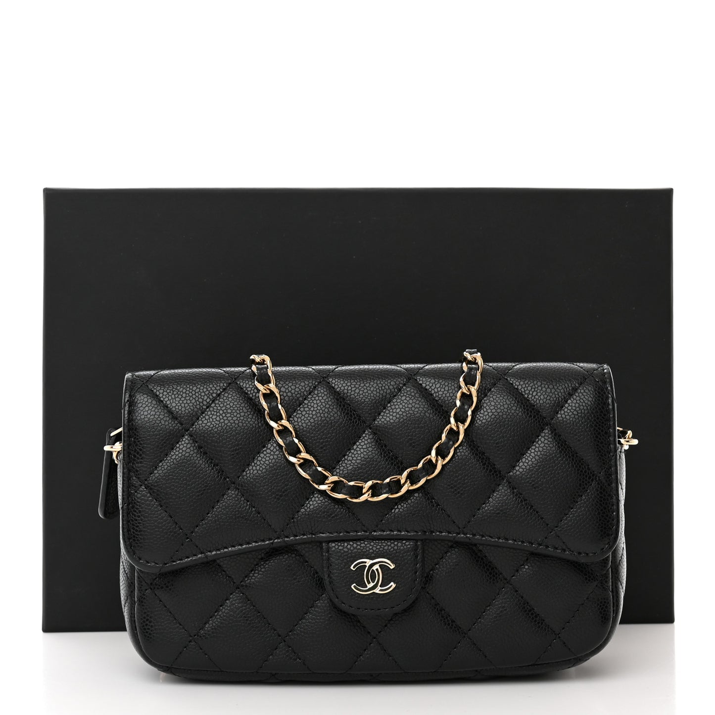 Caviar Quilted Flap Phone Holder With Chain Black