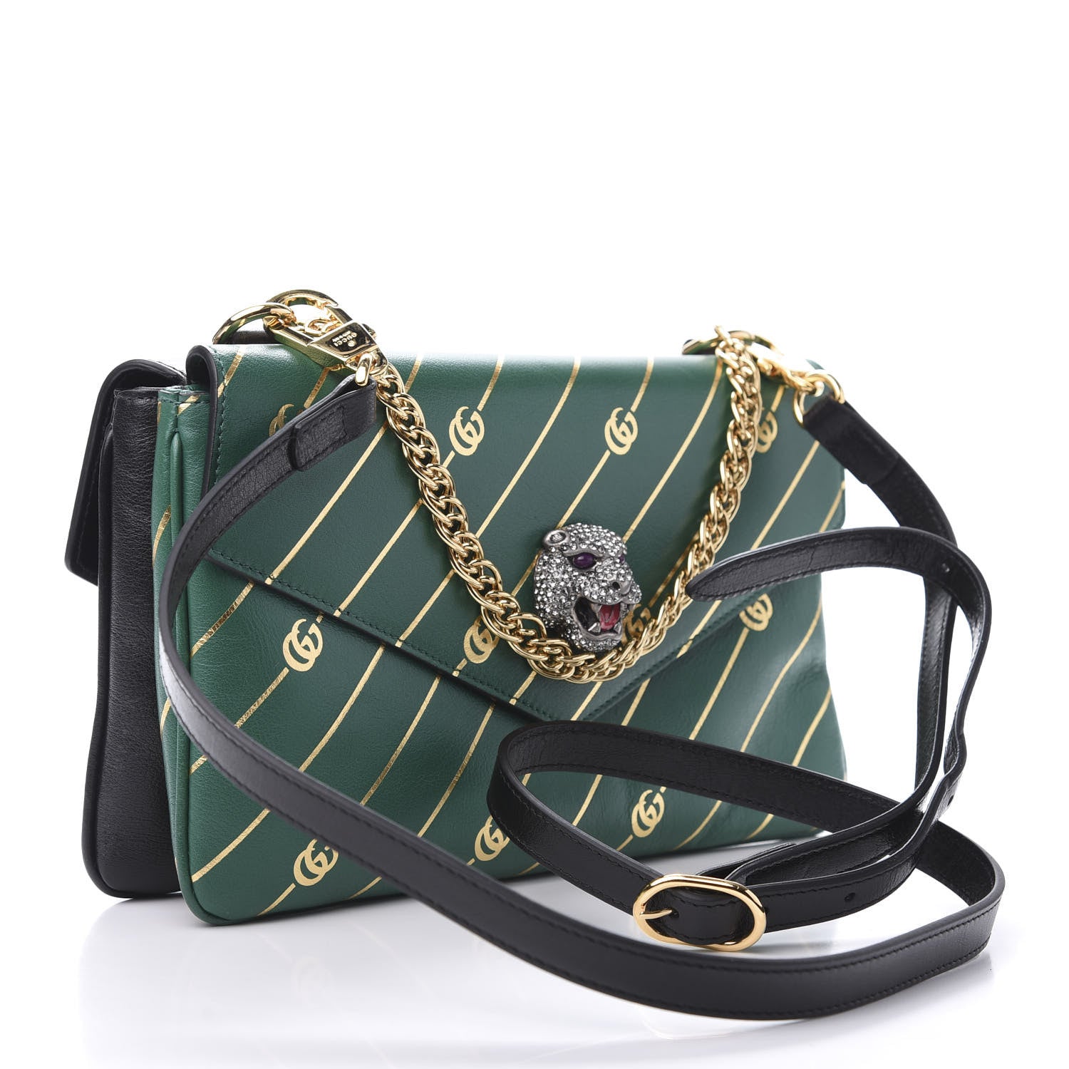 Gucci Calfskin Diagonal GG Medium Thiara Double Envelope Shoulder Bag Emerald Green Black 4 of 12