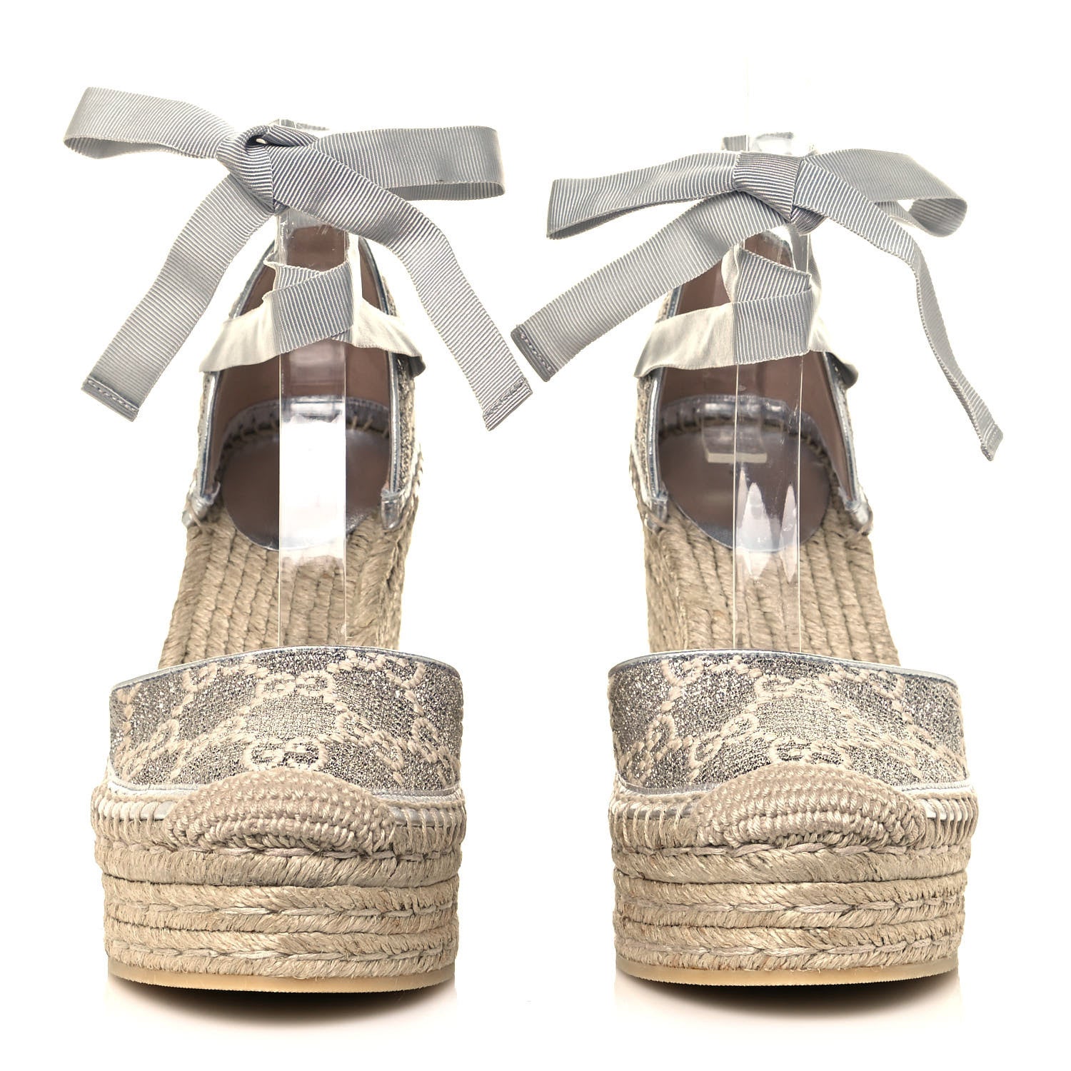 Gucci Lame GG Monogram Ankle Wrap Platform Espadrille Wedges 37 Silver Beige Light Grey 2 of 9