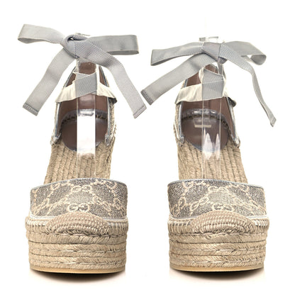 Gucci Lame GG Monogram Ankle Wrap Platform Espadrille Wedges 37 Silver Beige Light Grey 2 of 9