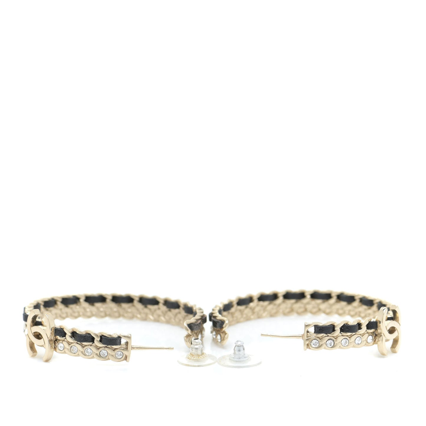 Crystal Lambskin CC Chain Hoop Earrings Gold Black