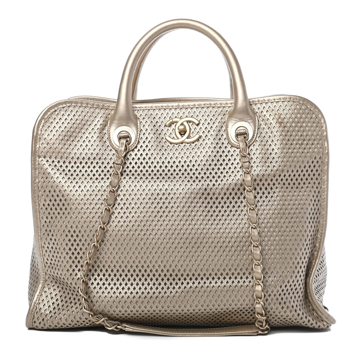 Metallic Calfskin Perforated Up In The Air Tote Gold