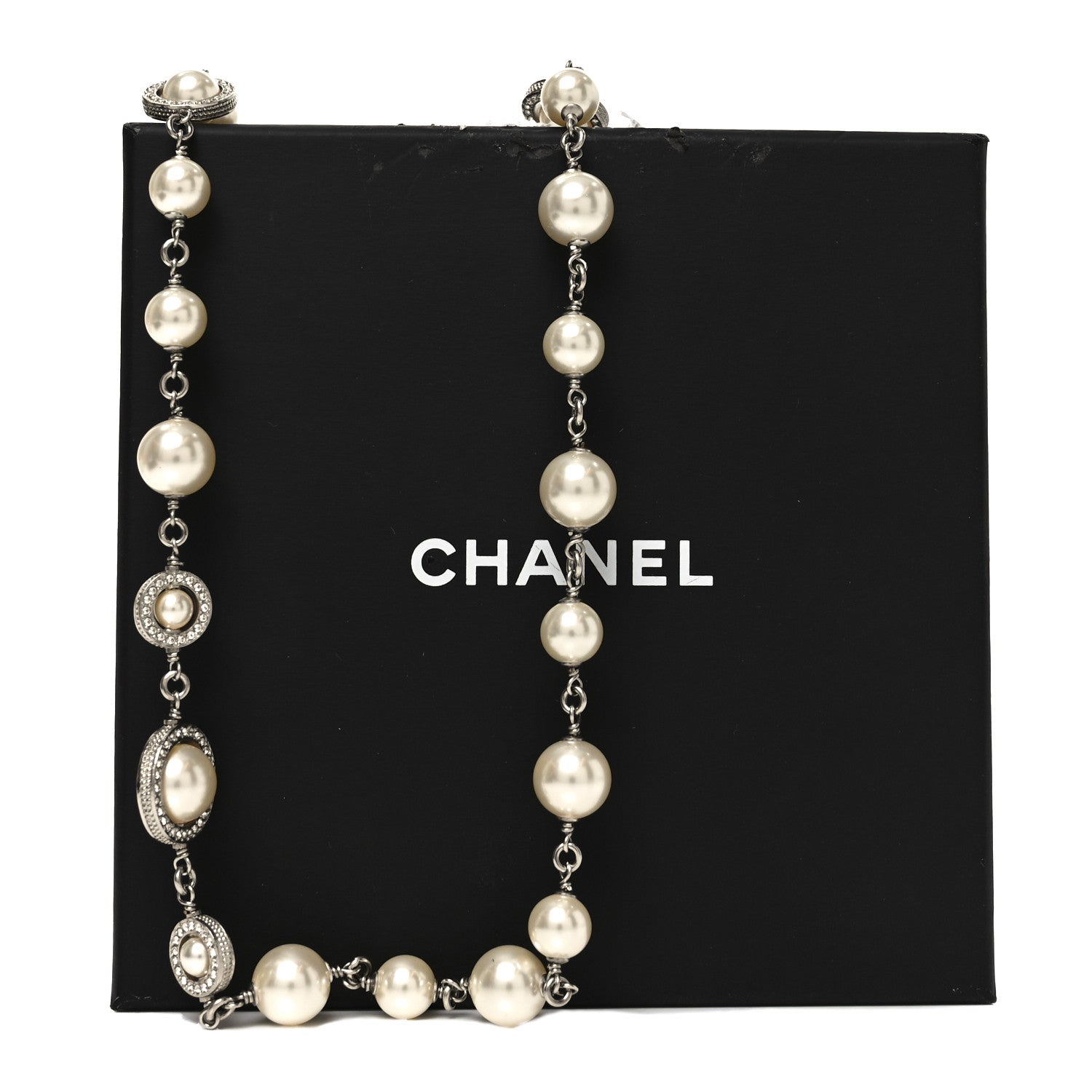 Chanel Pearl Crystal CC Long Necklace Silver 1809736 – FASHIONPHILE