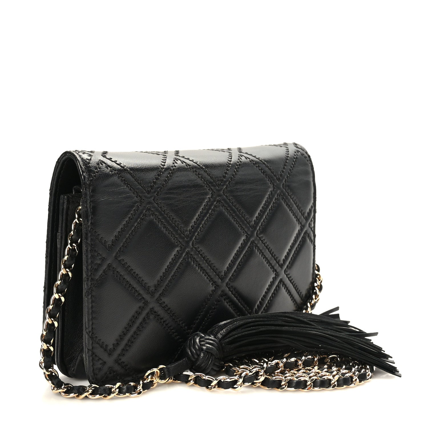 Chanel Lambskin Quilted Double Stitch Tassel Wallet On Chain WOC Black 3 of 10
