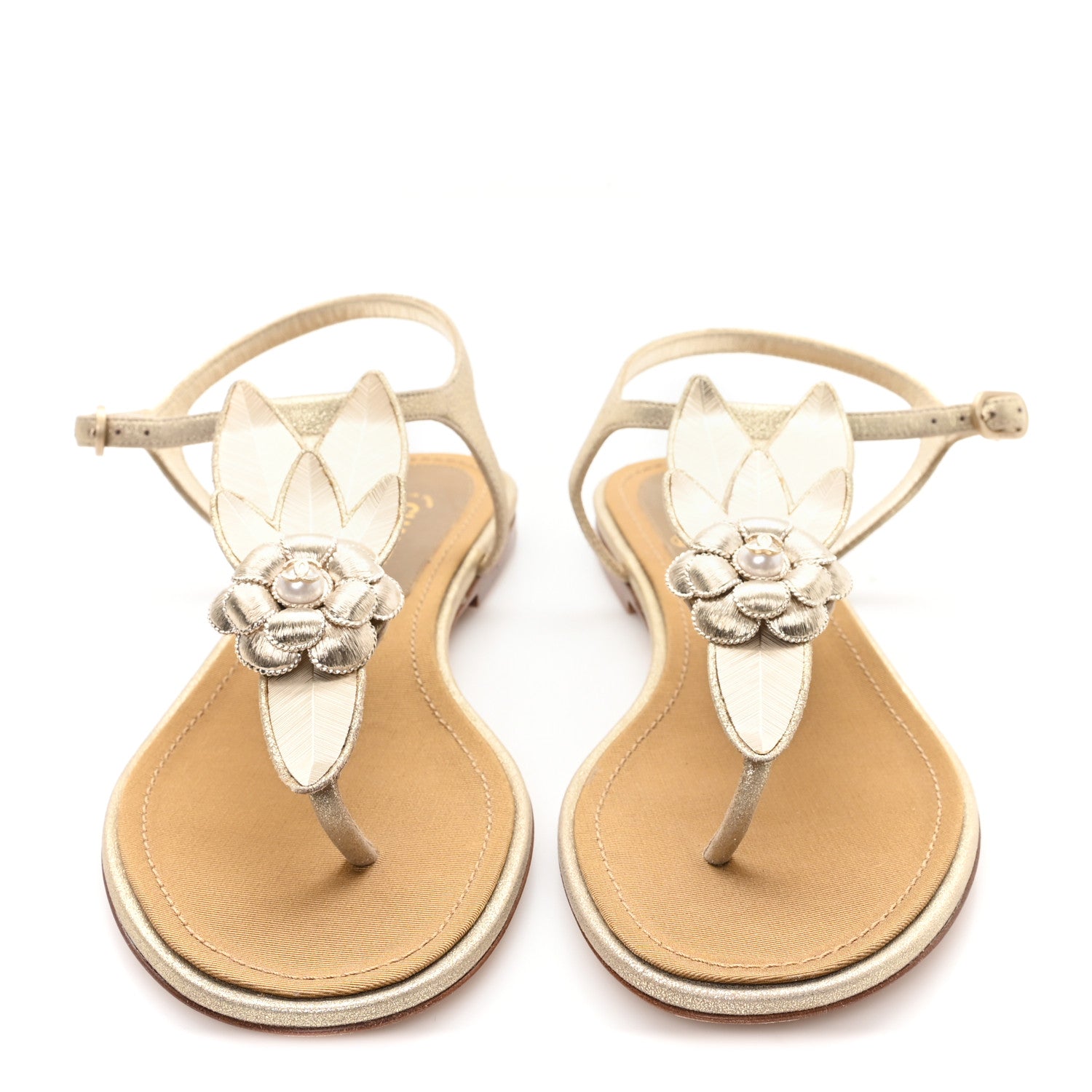 Chanel Metallic Calfskin Pearl Camellia Thong Flat Sandals 37 Gold 3 of 8
