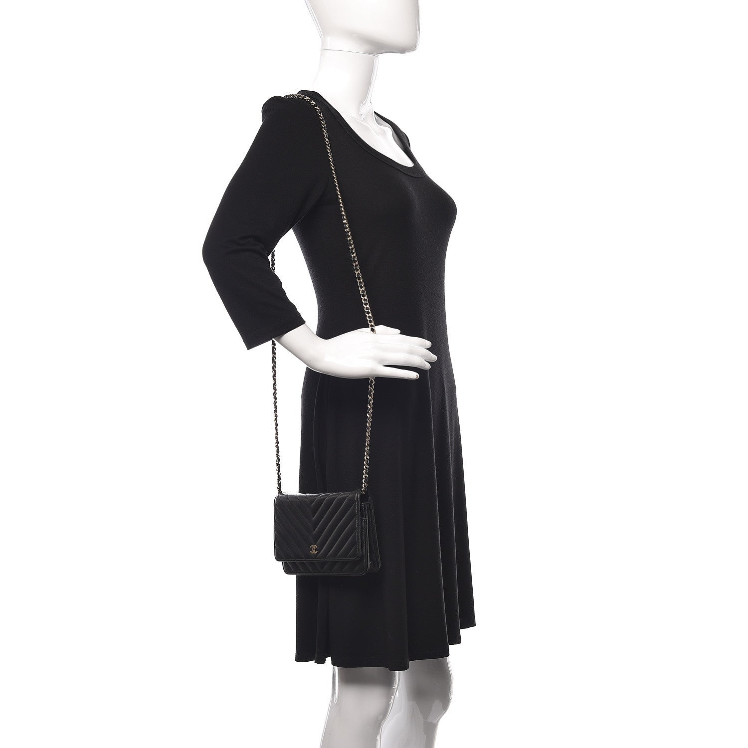 Chanel Lambskin Chevron Quilted Wallet On Chain WOC Black 2 of 12