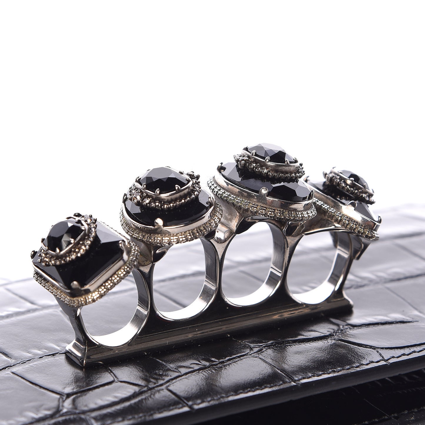 Calfskin Crocodile Embossed Knuckle Shoulder Bag Black
