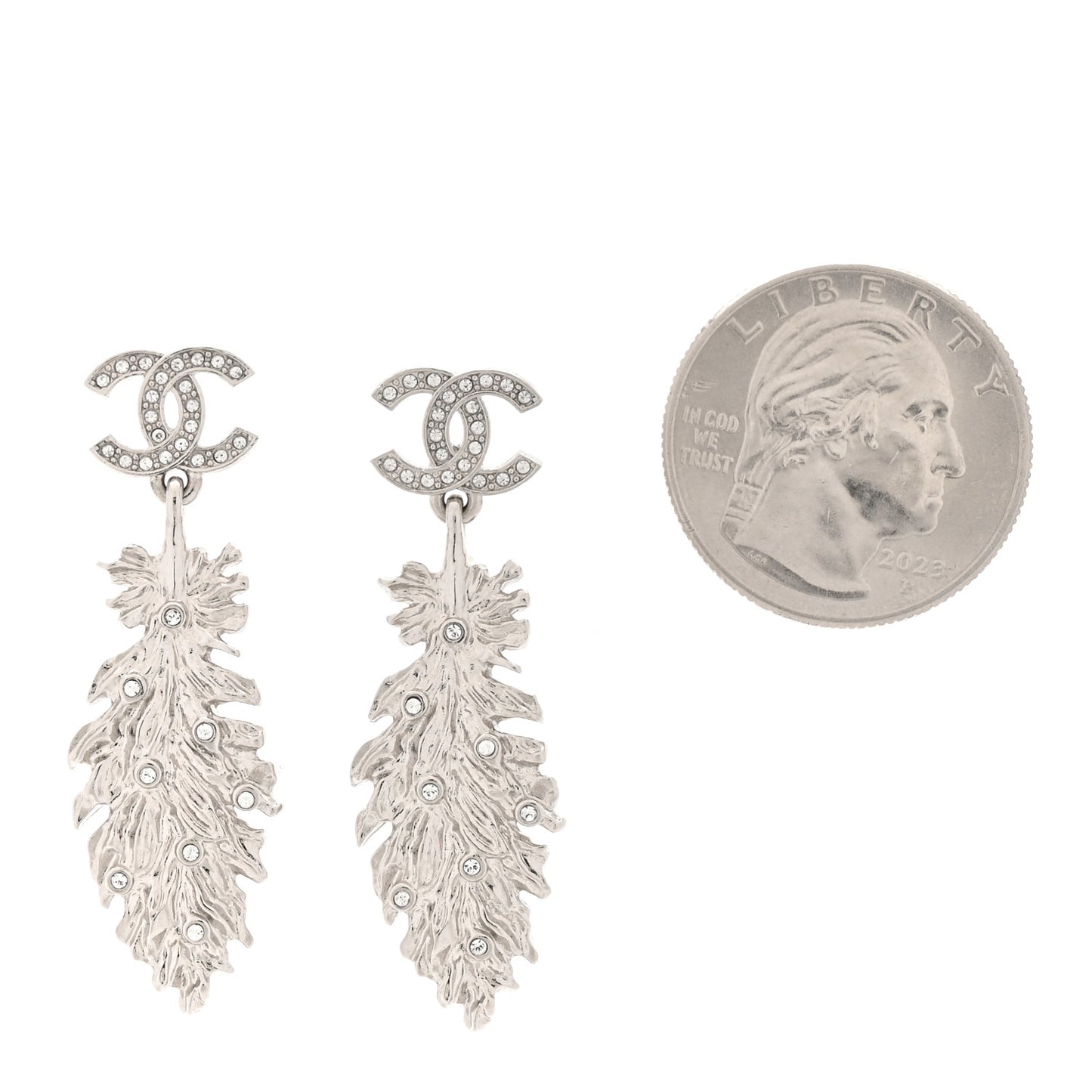 Crystal CC Feather Drop Earrings Silver