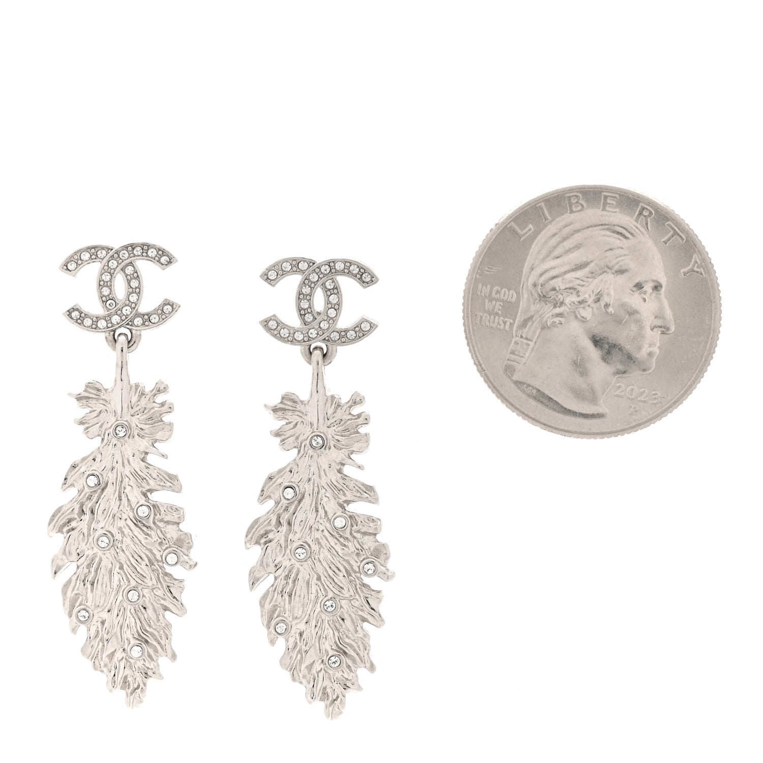 Chanel Crystal CC Feather Drop Earrings Silver 2 of 4