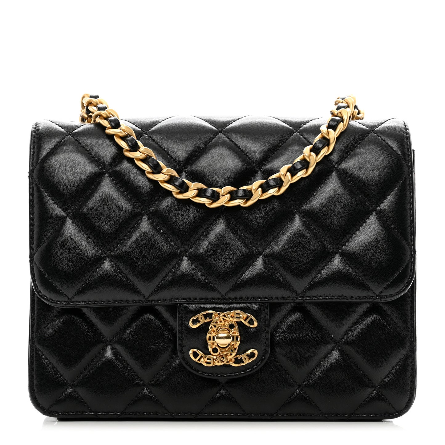 Shiny Lambskin Quilted Mini Flap Black