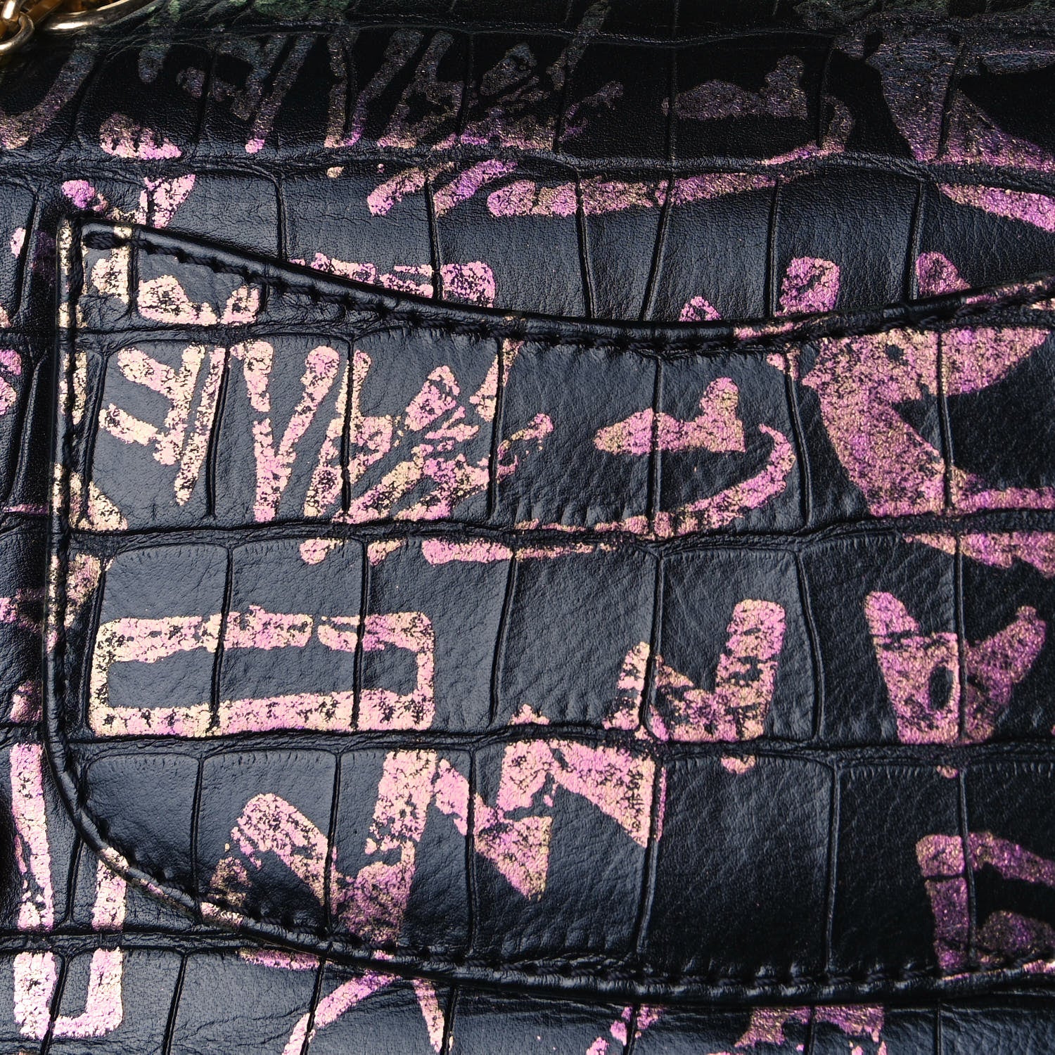 Chanel Calfskin Crocodile Embossed Graffiti 2.55 Mini Cocodile Reissue Flap Black Pink 12 of 15