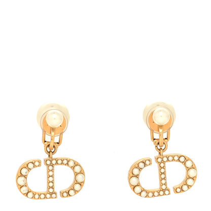 Christian Dior Pearl Crystal Tribal CD Clip On Drop Earrings Gold 1 of 4