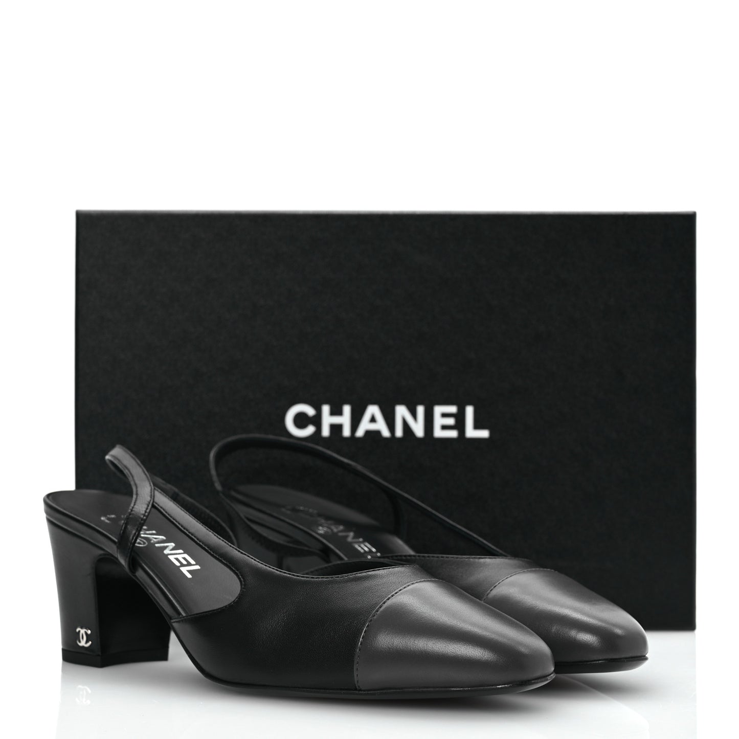 Lambskin Cap Toe CC Slingback Sandals 39.5 Black Dark Grey
