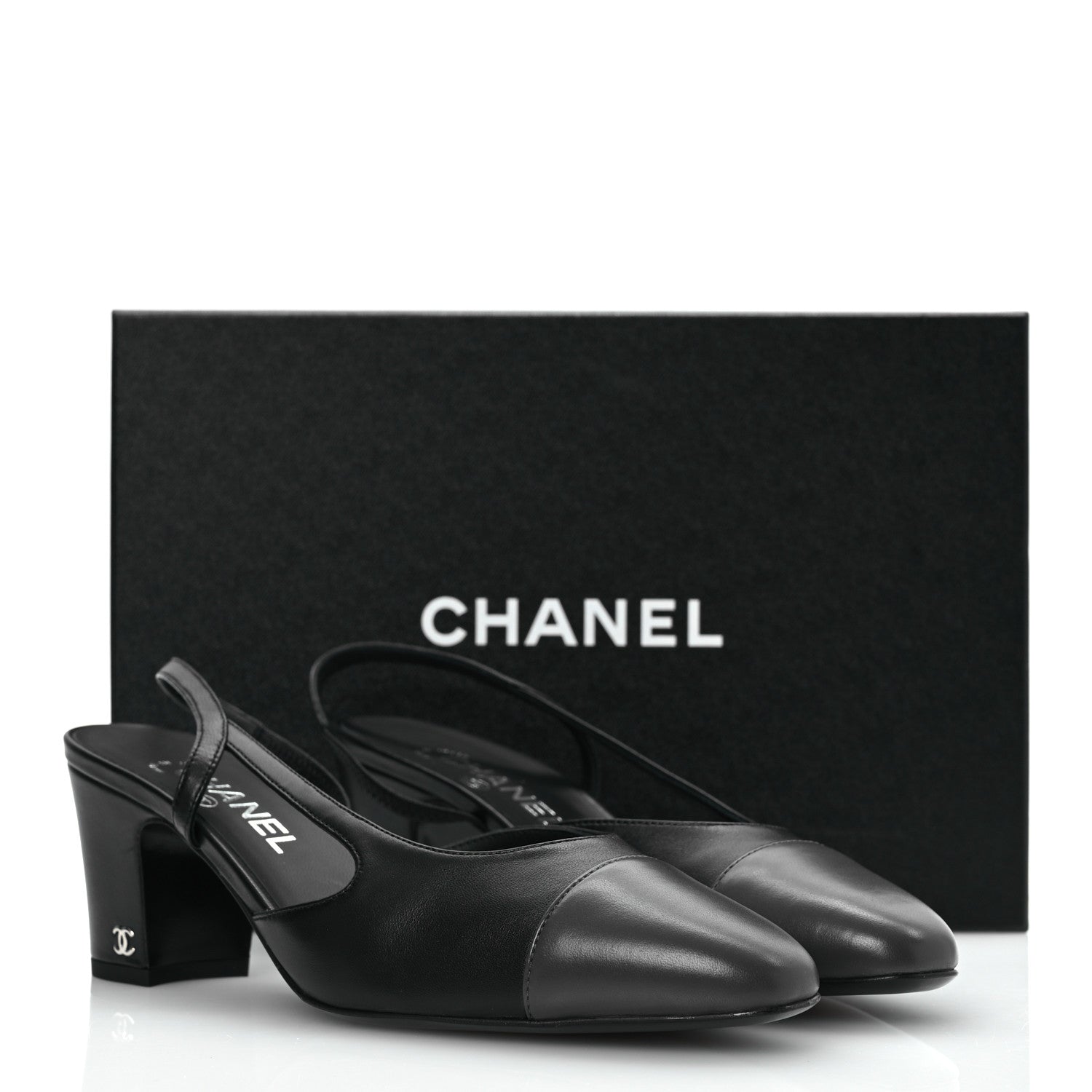 Chanel Lambskin Cap Toe CC Slingback Sandals 39.5 Black Dark Grey 13 of 13