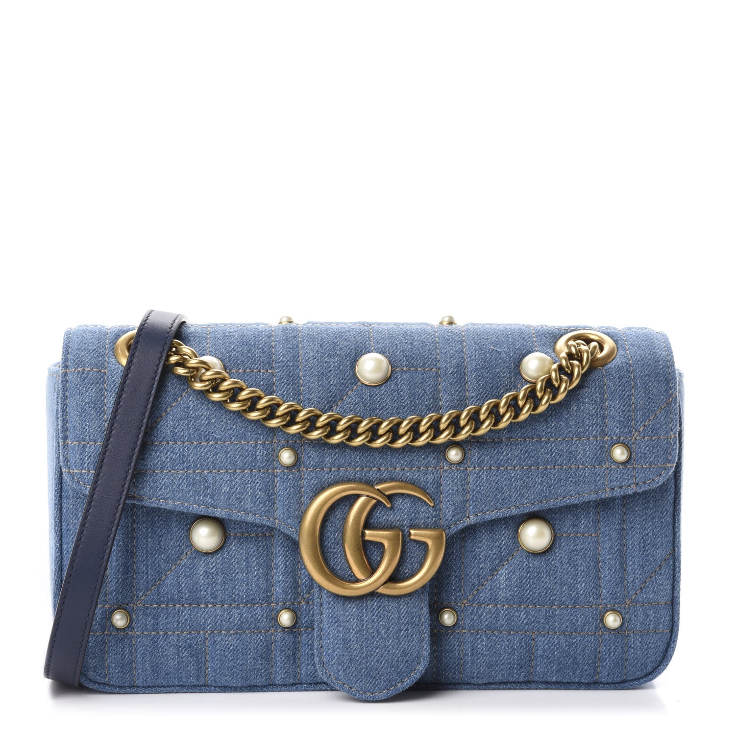 Gucci Denim Matelasse Pearl Studded Small GG Marmont Shoulder Bag Blue 1 of 10