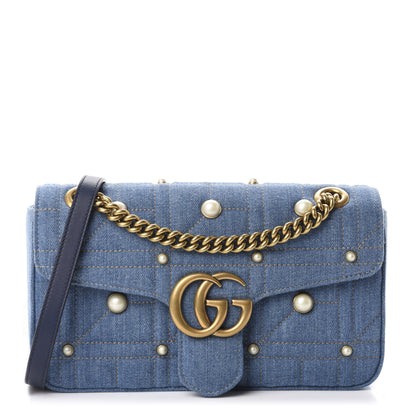 Gucci Denim Matelasse Pearl Studded Small GG Marmont Shoulder Bag Blue 1 of 10