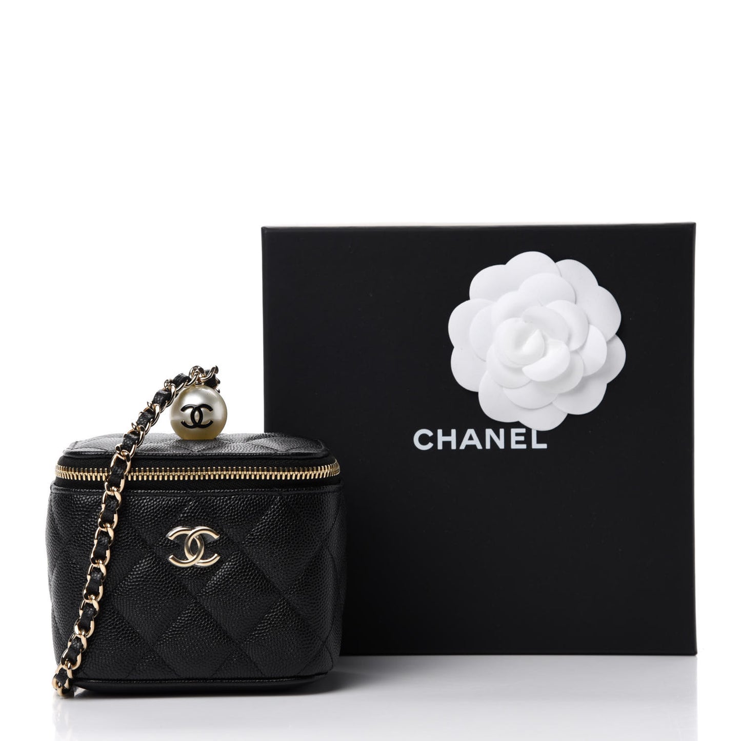 Caviar Quilted Mini Pearl On Top Vanity Case With Chain Black