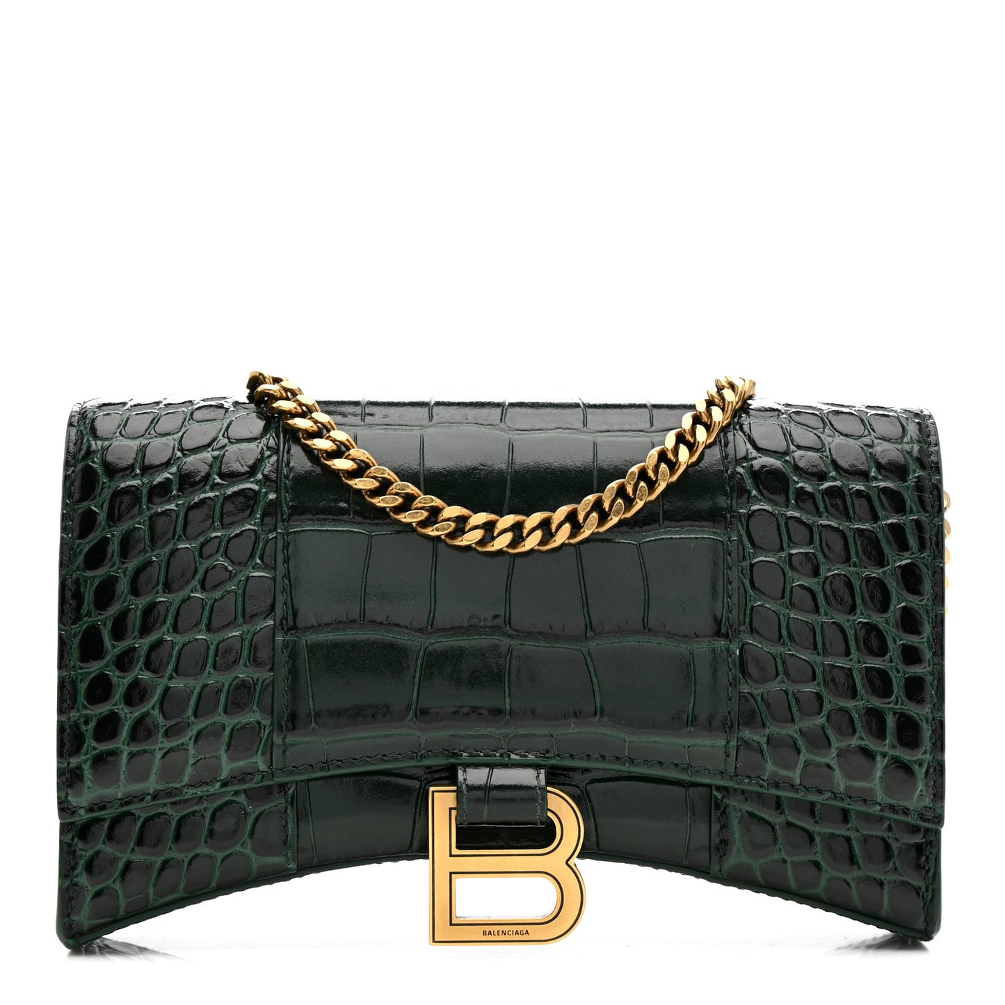 Shiny Calfskin Crocodile Embossed Hourglass Chain Bag Forest Green Forest Green