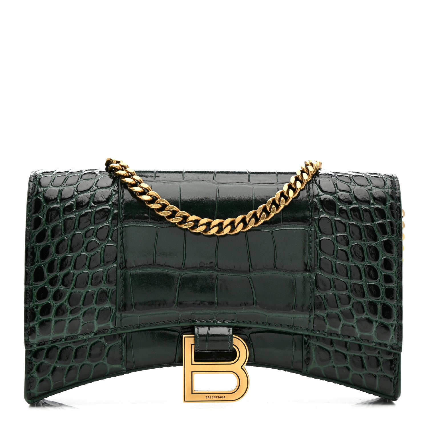 Balenciaga Shiny Calfskin Crocodile Embossed Hourglass Chain Bag Forest Green Forest Green 1 of 11