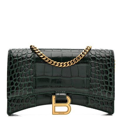 Balenciaga Shiny Calfskin Crocodile Embossed Hourglass Chain Bag Forest Green Forest Green 1 of 11