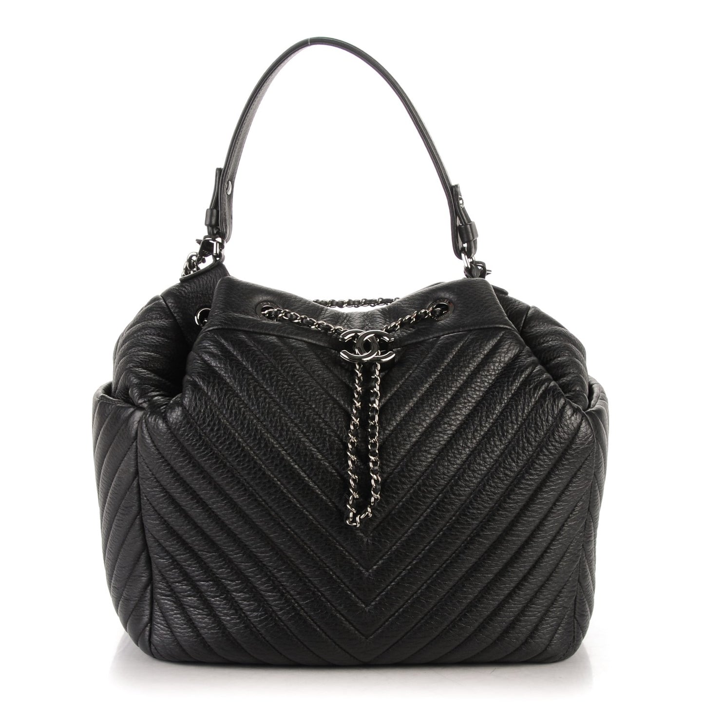 Deerskin Chevron Large CC Chain Bucket Drawstring Bag Black