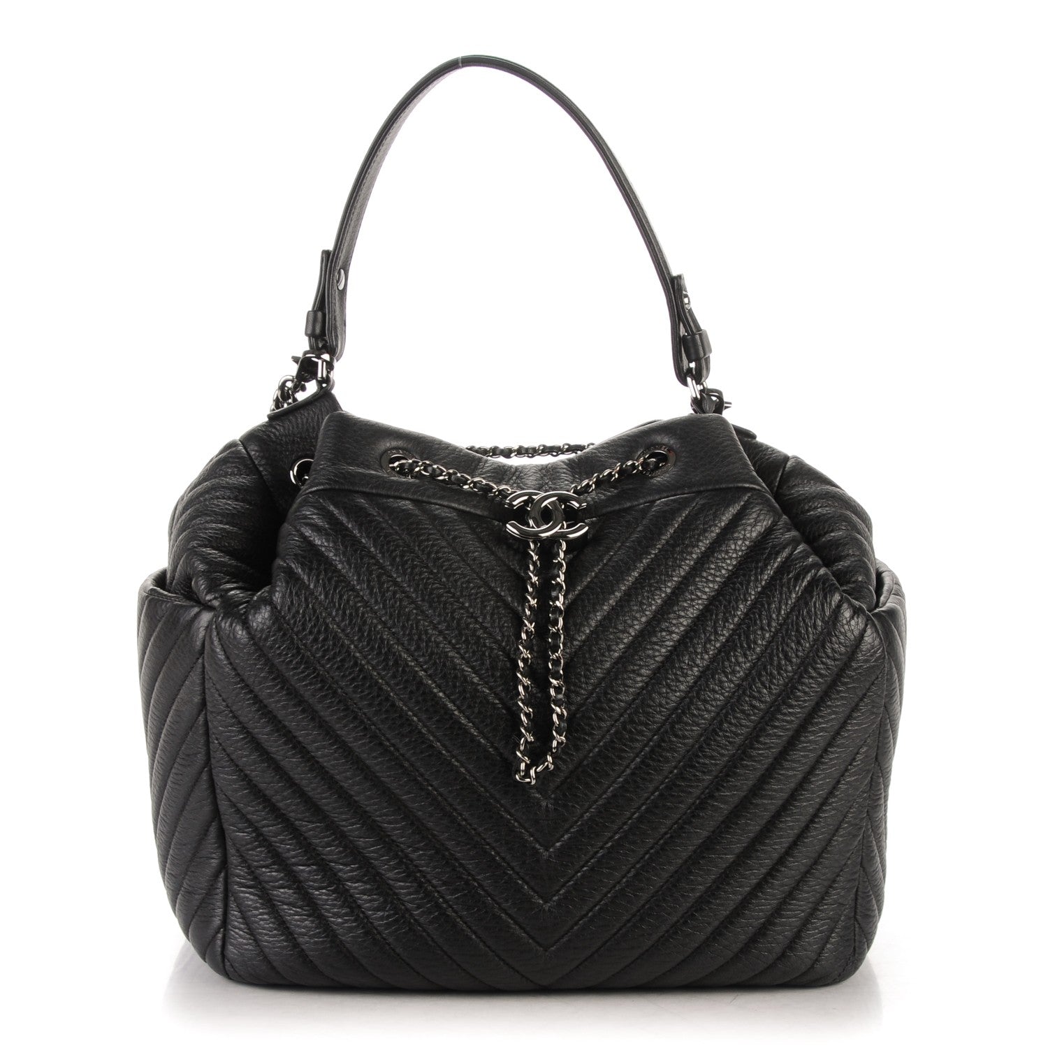 Chanel Deerskin Chevron Large CC Chain Bucket Drawstring Bag Black 1 of 7