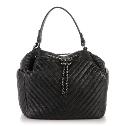 Chanel Deerskin Chevron Large CC Chain Bucket Drawstring Bag Black 1 of 7