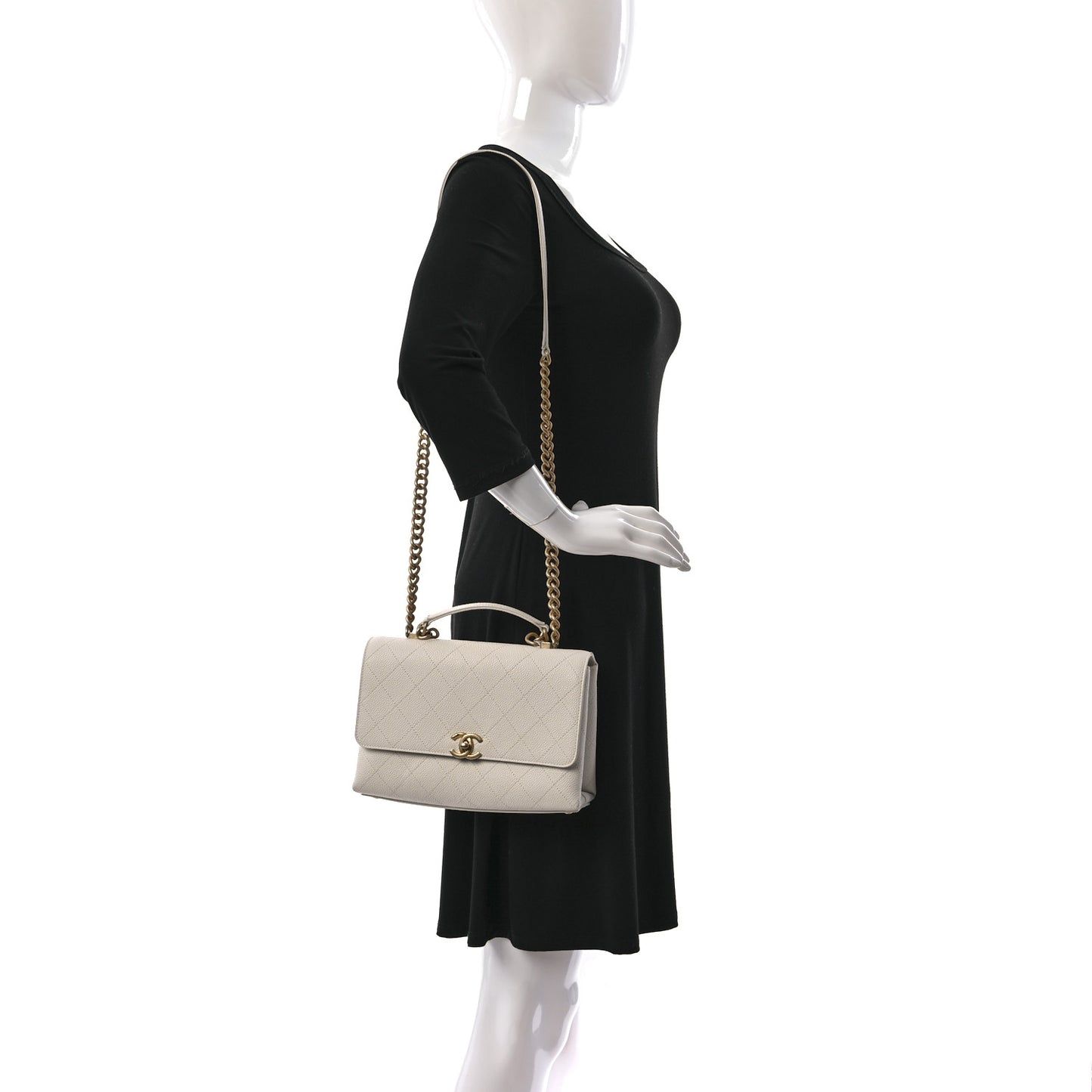 Caviar Diamond Stitched Small Top Handle Flap White