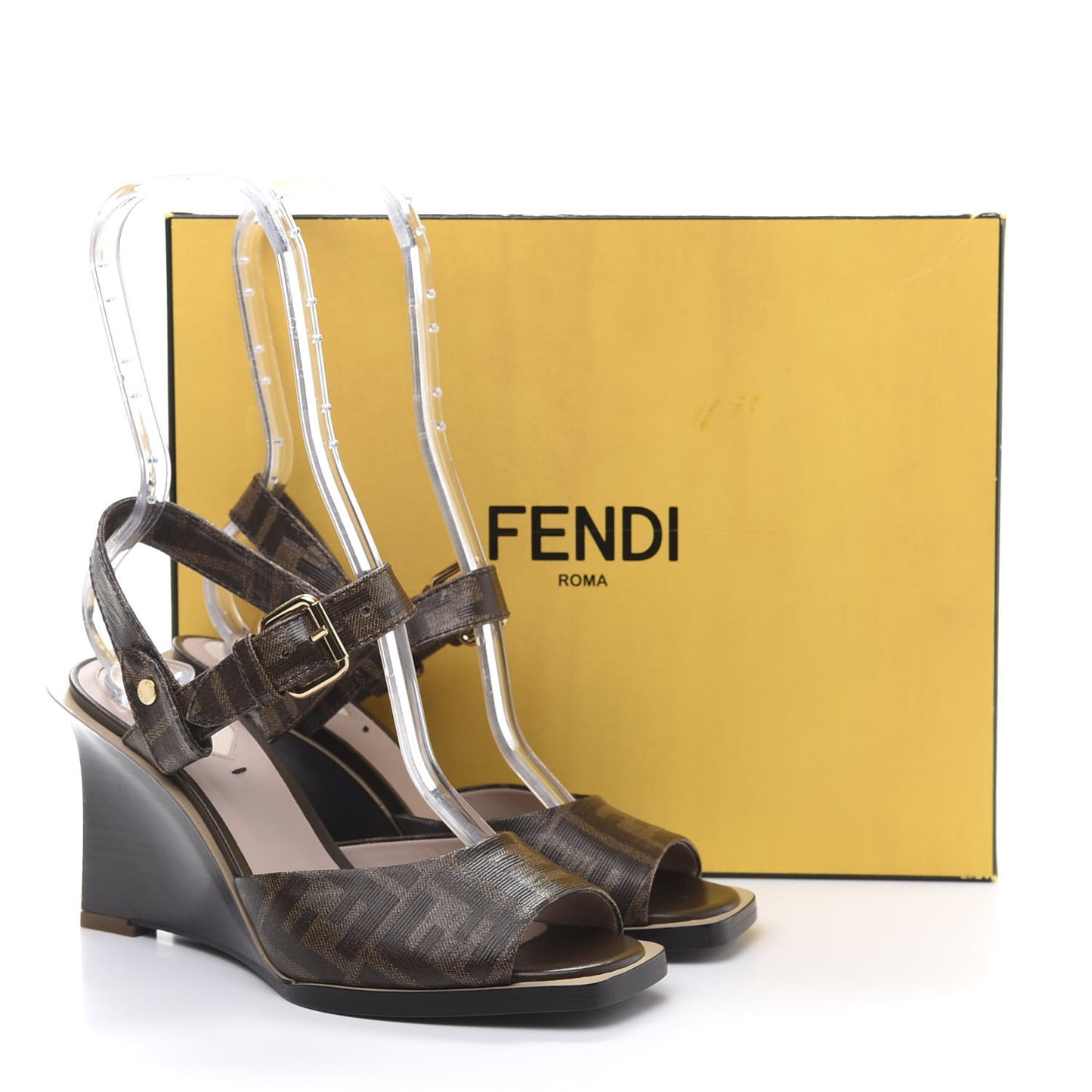 Glazed Fabric FF Wedge Sandals 36.5 Tobacco Moro