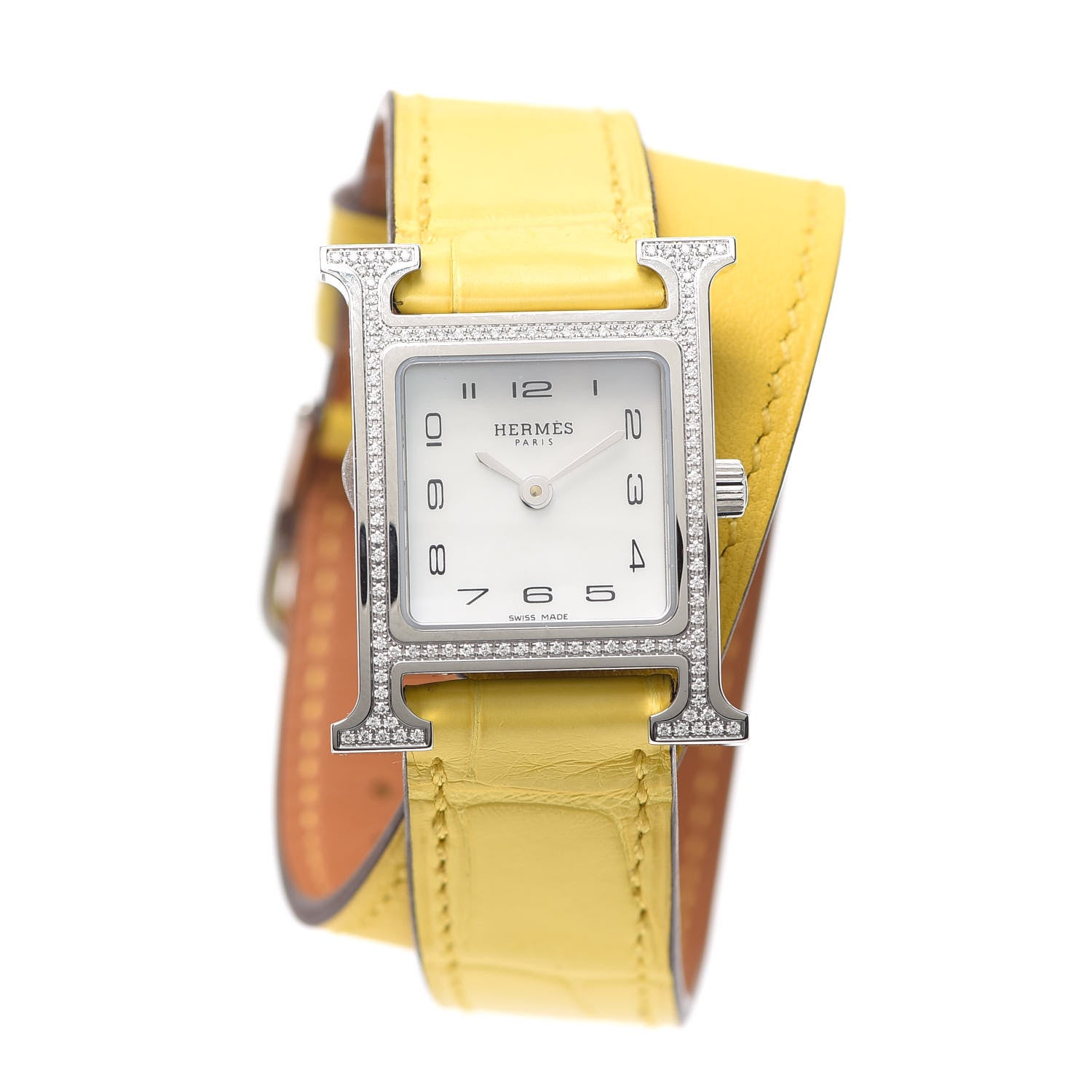 Hermes Stainless Steel Alligator Diamond Bezel 21mm Heure H Hour Double Tour Quartz Watch Juane De Naples 1 of 5