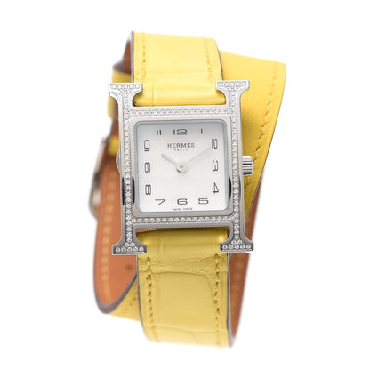 Hermes Stainless Steel Alligator Diamond Bezel 21mm Heure H Hour Double Tour Quartz Watch Juane De Naples 1 of 5