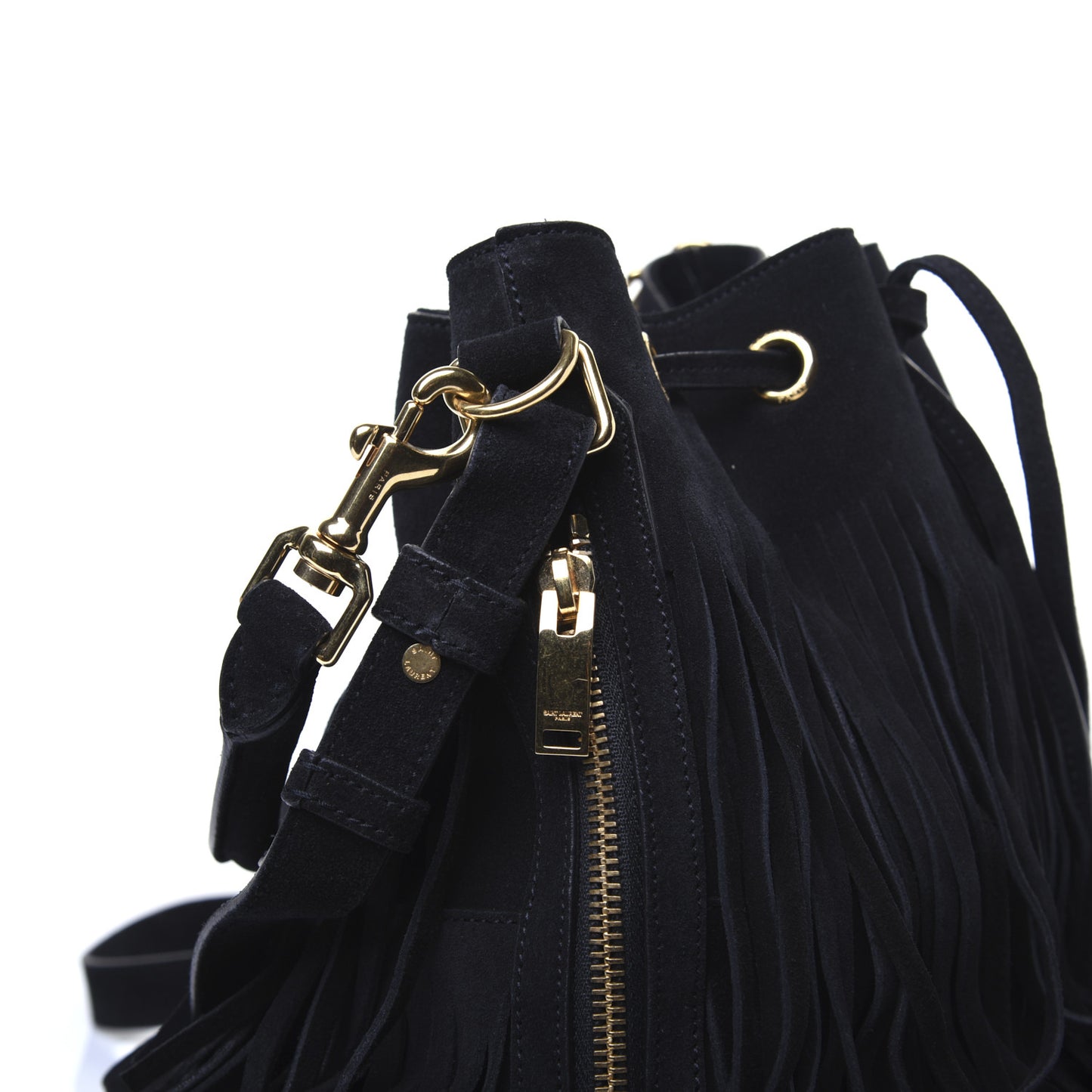 Suede Calfskin Medium Emmanuelle Fringe Bucket Bag Black