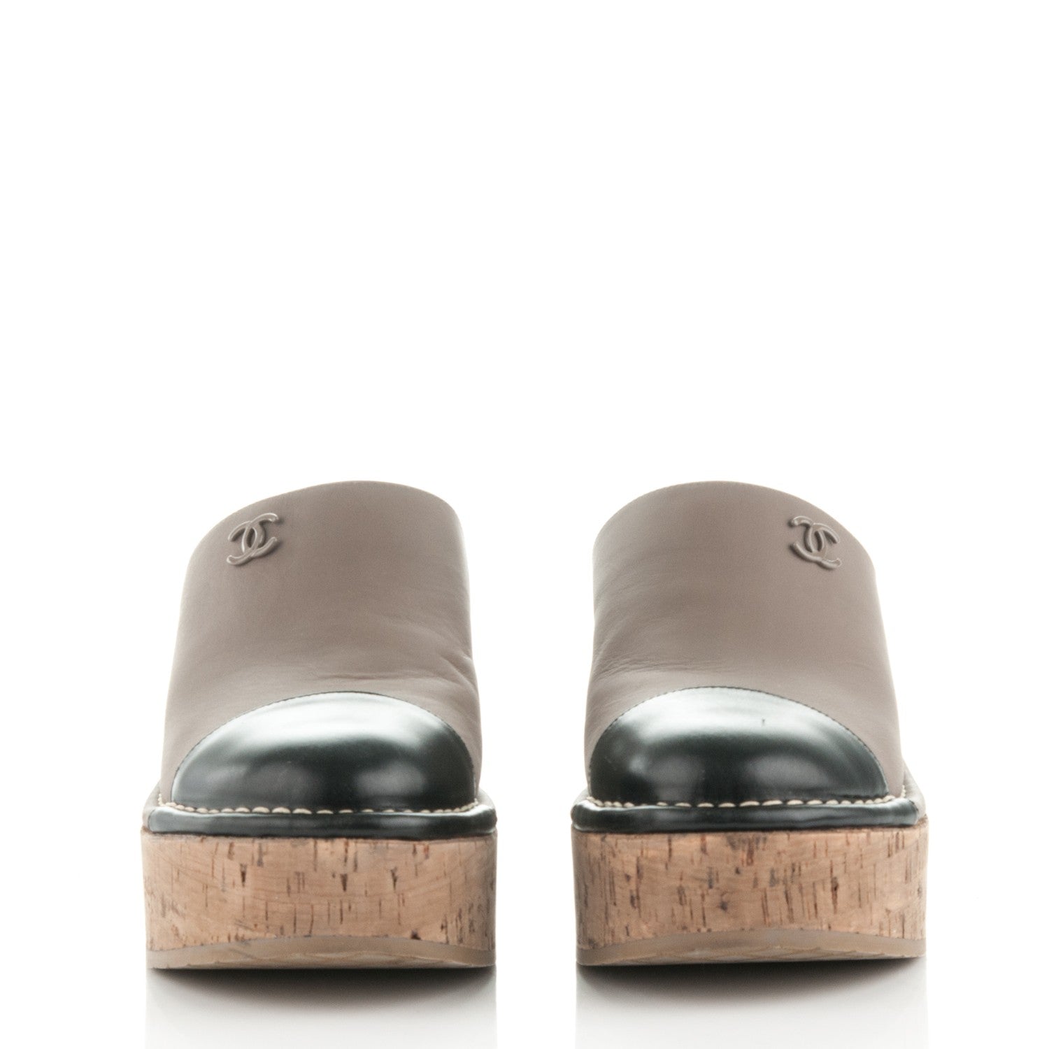 Chanel Calfskin Cork Cap Toe CC Clogs 38 Taupe Black 2 of 7