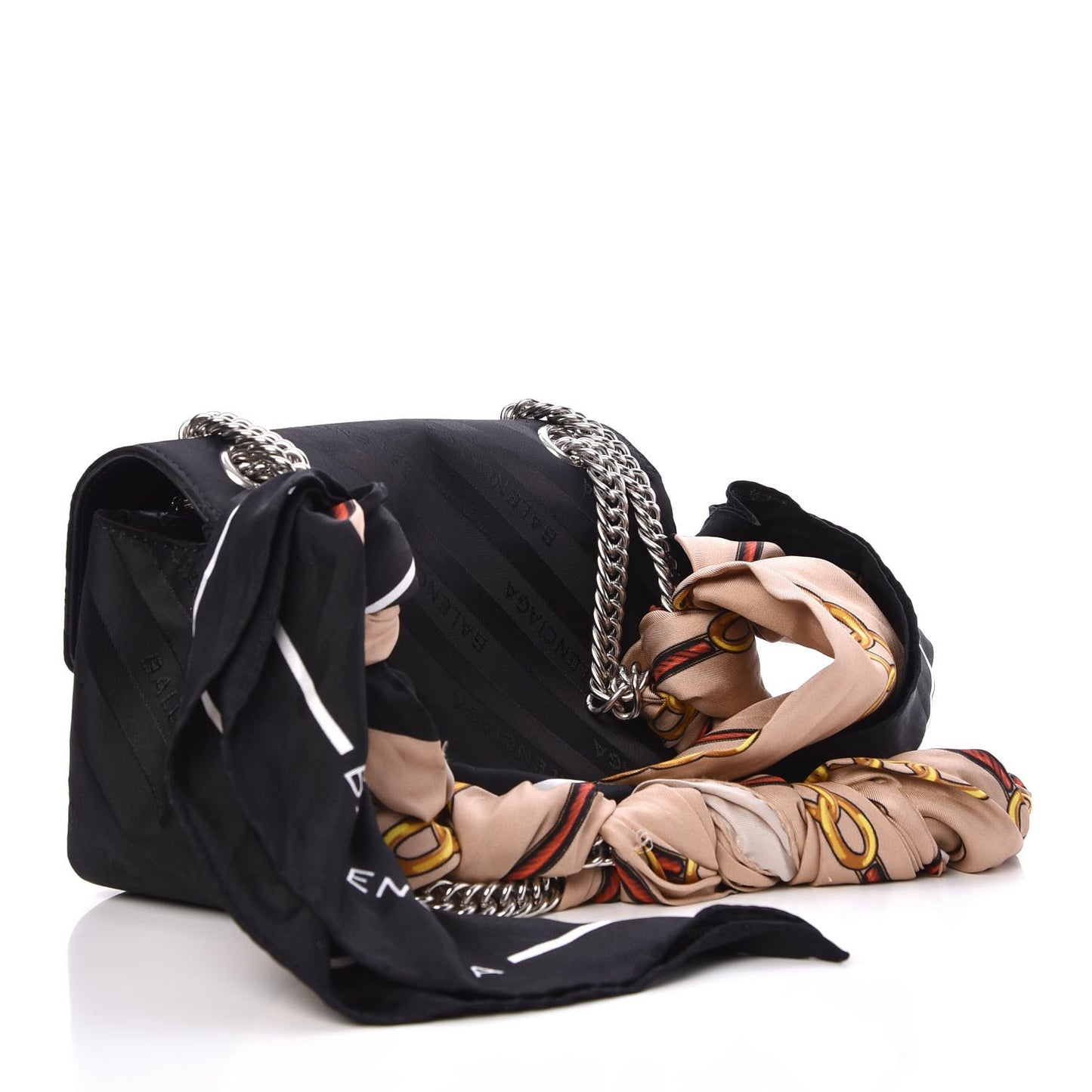 Nylon Jacquard Diagonal Logo Small Scarf Lock Chain Shoulder Bag Black Beige
