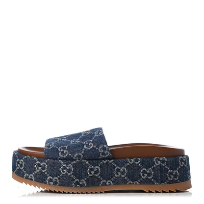 Gucci New Denim GG Monogram Angelina Platform 55mm Slide Sandals 36.5 Blue Tea 1 of 8