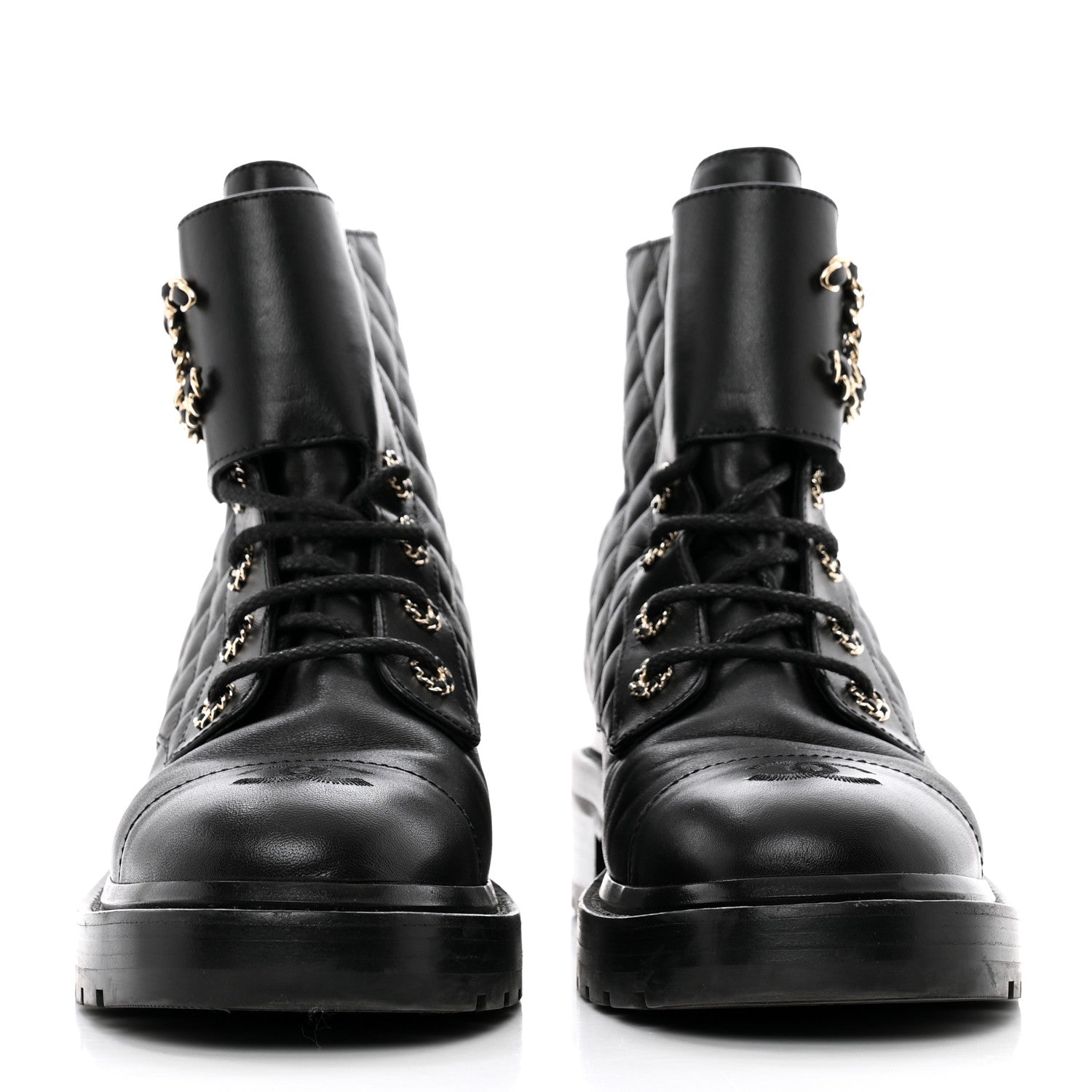 Chanel Shiny Lambskin Quilted Lace Up Combat Boots 40 Black 2 of 8